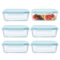 Kit 6 Pote de Vidro Marmita Hermético Retangular com Tampa Azul Vedação 640ml Em Casa Tem