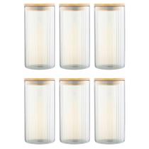 Kit 6 Pote Hermético Mantimento Alimentos Cozinha Vidro Canelado Com Tampa Bambu 1,4l
