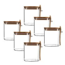 Kit 6 Pote Hermético Mantimento Armazenamento De Vidro Com Tampa e Colher de Bambu 650mL