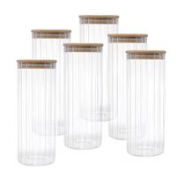 Kit 6 Pote Porta Mantimento Vidro Canelado tampa de Bambu 1L