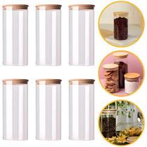 Kit 6 Potes 1500ml Porta Mantimento Frasco De Vidro Herméticos Tampa de Bambu Natural