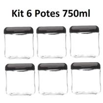 Kit 6 Potes 750ml Recipiente Vidro Quadrado Invicta Preto