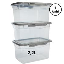Kit 6 Potes Com Tampa e Trava 2,2L Alto Cinza Kit 6 Potes Com Tampa e Trava 2,2L Alto Cinza