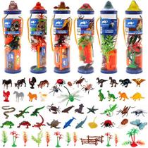 Kit 6 Potes de Animais Bichos Realistas de Brinquedo Premium + Acessórios 68pçs