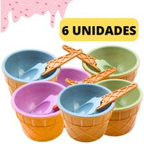 Kit 6 Potes de Sobremesas Casquinha de Sorvete Tigelas Com 6 Colheres Coloridas Para Saborear E Refrescar