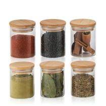 Kit 6 Potes De Vidro 110ml Hermético Mantimentos Tampa Bambu