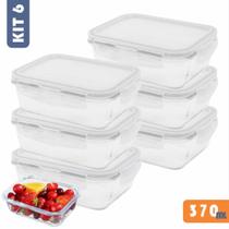 Kit 6 Potes de Vidro 370ml com Tampa Hermética e Anel de Silicone 4 Travas Antivazamento Resistente para Marmitas