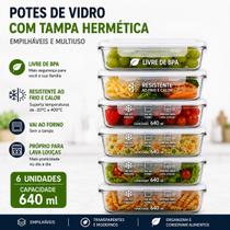Kit 6 Potes de Vidro 640ml Tampa Hermética com Trava Fitness Freezer Microondas Lava Louças KLX Kit 6 Potes de Vidro 640ml Tampa Hermética com Trava Fitness Freezer Microondas Lava Louças KLX