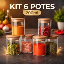 Kit 6 Potes De Vidro Com Tampa De Bambu 200ml Kit 6 Potes De Vidro Com Tampa De Bambu 200ml