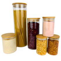 Kit 6 Potes de Vidro com Tampa de Bambu Herméticos Organizador Alimentos Cozinha Despensa Armários