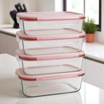 Kit 6 Potes De Vidro Hermético 1040ml Marmita Retangular Tampa Com Travas E Saída de Ar Vedação