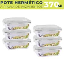 Kit 6 Potes de Vidro Hermético Marmita 4 Travas 370 ml Fitness Mantimentos Tampa Alimentos Microondas Retangular Jogo