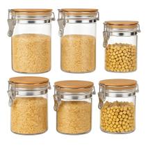 Kit 6 Potes De Vidro Hermético Tampa De Bambu Trava Inox