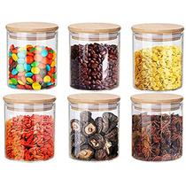 Kit 6 Potes De Vidro Hermetico Tempero Tampa De Bambu 300ml