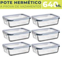 Kit 6 Potes de Vidro Retangular 640ml c/ Tampa Hermética BPA Kit 6 Potes de Vidro Retangular 640ml c/ Tampa Hermética BPA