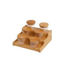 Kit 6 potes hermético 110ml com tampa de bambu e rack organizador de bambu - Oikos Kit 6 potes hermético 110ml com tampa de bambu e rack organizador de bambu - Oikos