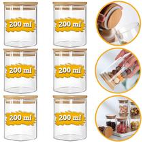 Kit 6 Potes Herméticos de Vidro com Tampa de Bambu 200ml para Temperos e Condimentos