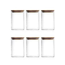 Kit 6 Potes Herméticos Organizadores de Vidro Com Tampa de Bambu Condimentos Temperos Transparente 200ml PF08 A