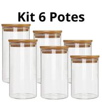 Kit 6 Potes Mantimento Vidro Hermético com Tampa de Bambu