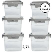 Kit 6 Potes Quadrado Com 4 Travas 2,7L Cinza Kit 6 Potes Quadrado Com 4 Travas 2,7L Cinza