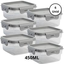 Kit 6 Potes Quadrado Com 4 Travas 450ML Cinza