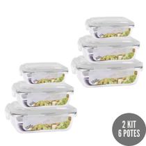 Kit 6 Potes Retangular 3 Tamanhos Vidro Hermético Marmita Kit 6 Potes Retangular 3 Tamanhos Vidro Hermético Marmita