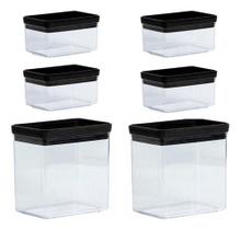Kit 6 Potes Retangular Empilháveis De Acrílico Atóxico Black Kit 6 Potes Retangular Empilháveis De Acrílico Atóxico Black