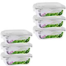 Kit 6 Potes Tampa Hermetica 4 Travas Retangular Vidro 640ml