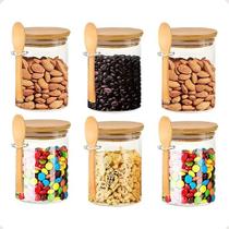 Kit 6 Potes Vidro 250ml Hermético Bambu Com Colher Kit 6 Potes Vidro 250ml Hermético Bambu Com Colher