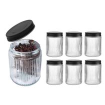 Kit 6 Potes Vidro Canelado 600ml Tampa Preta Para Temperos