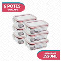 Kit 6 Potes Vidro Hermético Canelado Marmita Fitness 1520ml