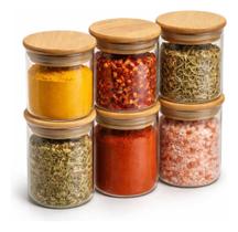 Kit 6 Potes Vidro Porta Tempero Hermético 200ml Tampa Bambu Especiarias Premium Resistente