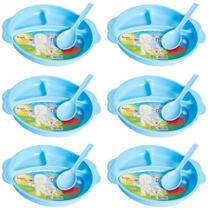 Kit 6 Prato Infantil de Plástico com 3 divisórias, colher e alças. Prato Alimentação Bebê Criança Redondo