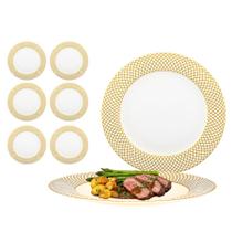 Kit 6 Prato Raso De Porcelana Branco Com Borda Dourada 27cm