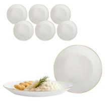 Kit 6 Prato Redondo Raso Opaline Branco Borda Dourada 26,5cm