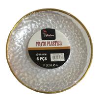 Kit 6 Pratos Jantar Redondo Acrílico Borda Dourado 17Cm Kit 6 Pratos Jantar Redondo Acrílico Borda Dourado 17Cm