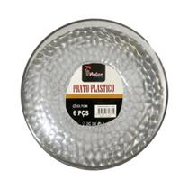 Kit 6 Pratos Jantar Redondo Acrílico Borda Prata 22cm Festa