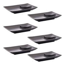 Kit 6 Pratos Para Sushi Melamina Preto Com Molheira 19cm