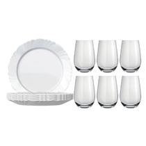 Kit 6 Pratos Rasos Pétala Opaline com 6 Copos Dubai 480ml