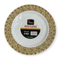 Kit 6 Pratos Redondo Borda Dourada Vazada 22cm Reutilizável Kit 6 Pratos Redondo Borda Dourada Vazada 22cm Reutilizável
