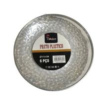 Kit 6 Pratos Sobremesa Acrílico Borda Prata 17cm Festa