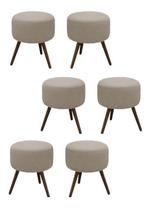 Kit 6 Puffs Decorativo Redondo Banqueta Classic Tecido Suede Bege Pés Madeira Palito - Nina Home Decor