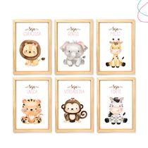Kit 6 Quadros Decorativos Animais Safari Baby menina lacinho