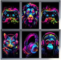 Kit 6 Quadros Gamer Streamer Animais Controle Games 20x28cm