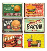 Kit 6 Quadros Hamburgueria Lanchonete Retro Vintage 20x28cm