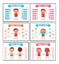 Kit 6 Quadros Inglês Partes Corpo Educação Infantil 20x28cm