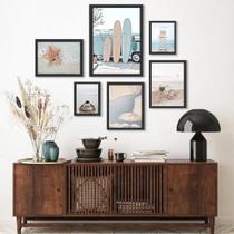 Kit 6 Quadros Praia Soft Surf - Moldura Preta - Decoração