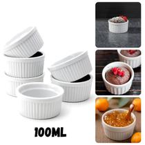 Kit 6 Ramekin Porcelana Branco 100ml Resistente Para Suflê Gratinado Crème Brûlée Sobremesa Individual Forno Microondas