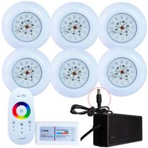 Kit 6 Refletores Led 18w RGB ABS e Comando para Iluminação Piscina