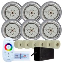Kit 6 Refletores Led 18w RGB Inox e Adaptadores Cano 50mm e Comando para Iluminação Piscina